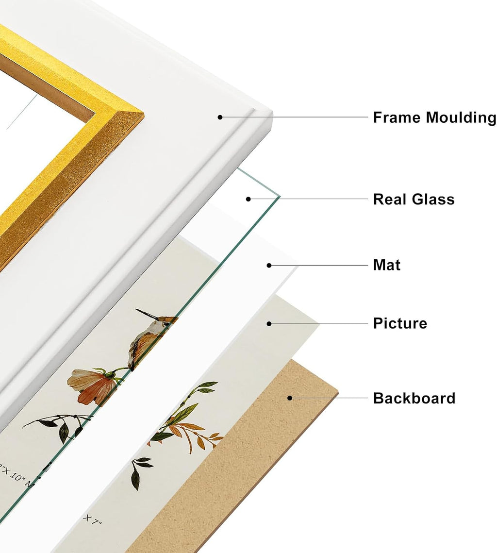5x7 White Wood Picture Frame with Real Glass, Gold Inner Border, Matted to 4x6, Vertical and Horizontal for Tabletop or Wall Hanging