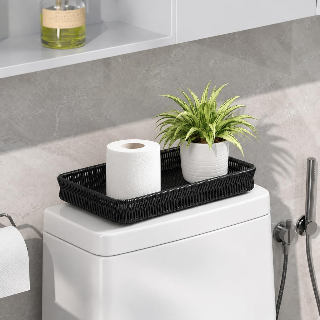 Toilet Paper Basket Organizer, 11” Inch Metal Woven Toilet Tank Basket for Back of Toilet, Bathroom Countertop Storage Tray with Non-Slip Feet for Toilet Paper, Wipes, Toiletries & Essentials, Black