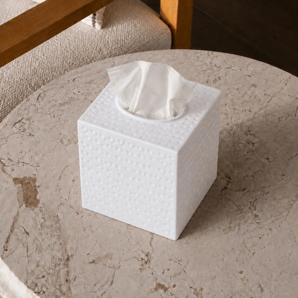 Monarch Abode Tissue Box Cover Square – Hand Hammered White Metal Tissue Holder Box for Bathroom Accessory, Aesthetic Decorative Facial Napkin Cube for Modern Home Decor