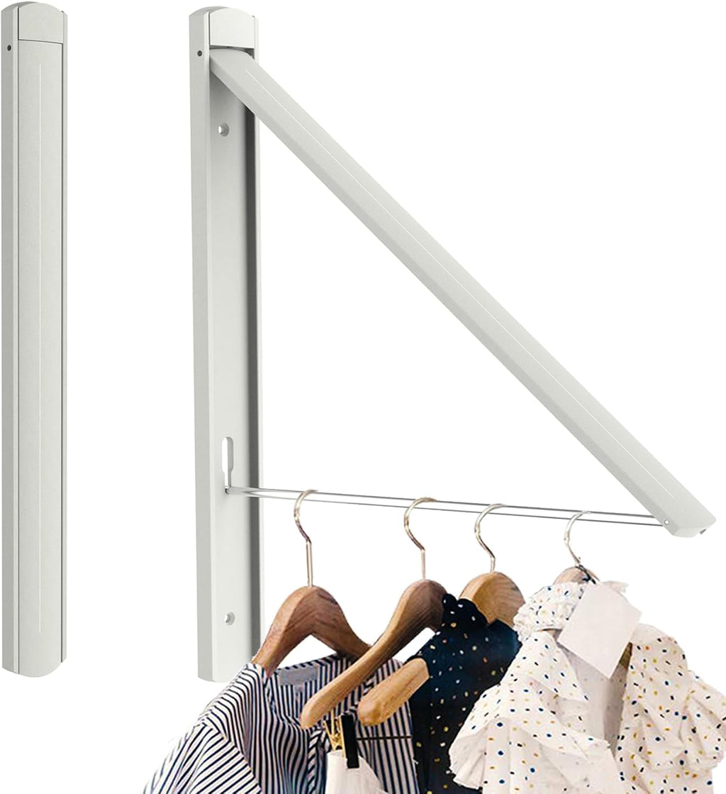 Wall Mounted Drying Rack Foldable, No Drill Laundry Clothes Drying Rack, Collapsible Wall Clothes Hanger with 65 lb Capacity for Laundry Room Bathroom Apartment, White