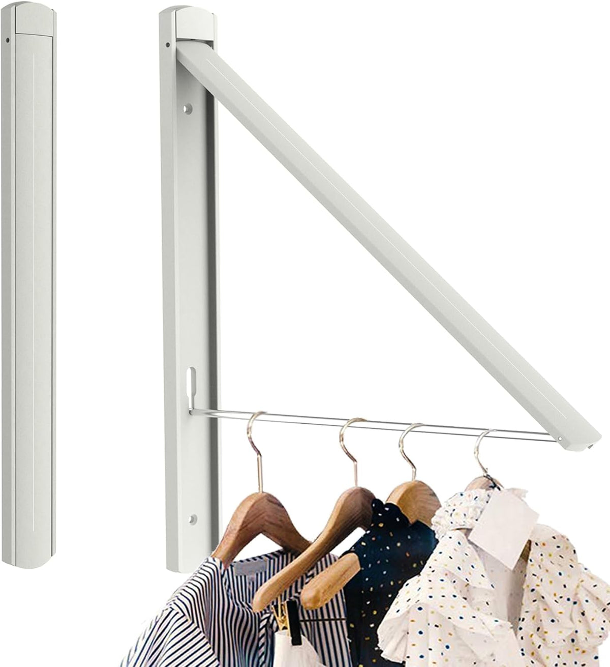 Wall Mounted Drying Rack Foldable, No Drill Laundry Clothes Drying Rack, Collapsible Wall Clothes Hanger with 65 lb Capacity for Laundry Room Bathroom Apartment, White