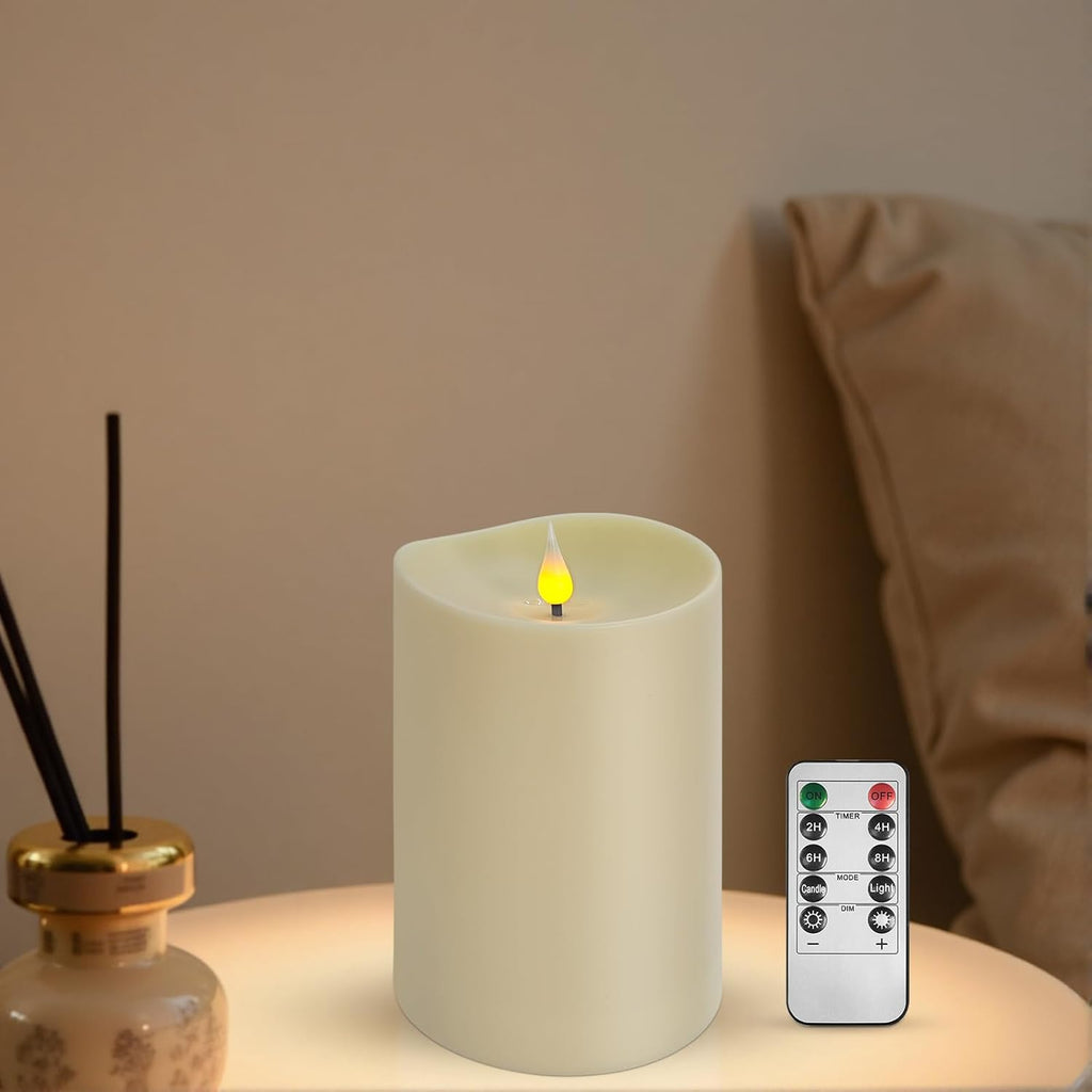 Flameless LED Candle with Remote, 4x6 Inch Plastic Pillar Candle, Battery Powered, Flickering Flame with Timer & Dimming, Ivory – Safe, Realistic Home or Event Decor