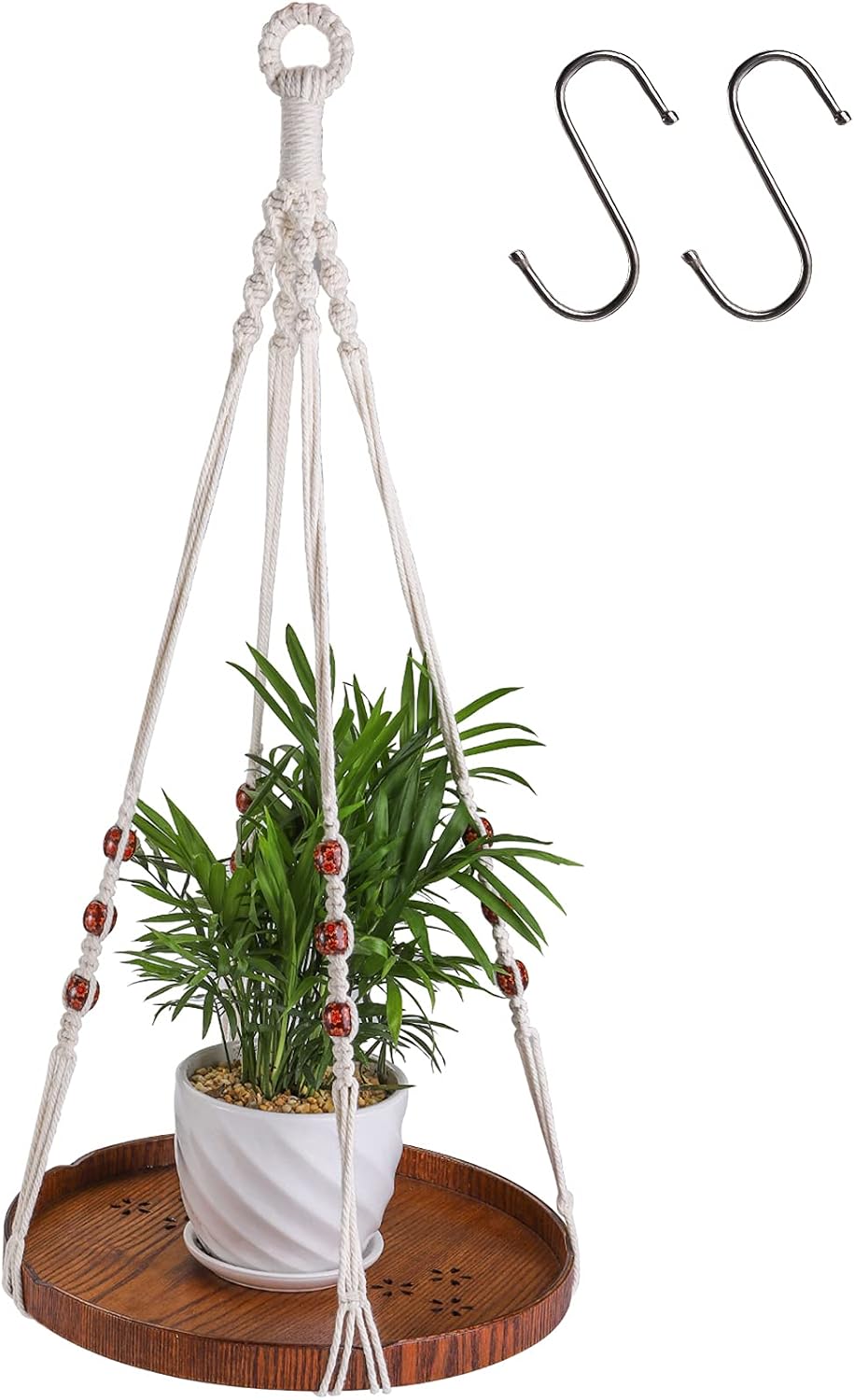 Hedume Macrame Plant Hanger with 2 Pack Ceiling Hooks, Indoor Outdoor Hanging Plant Holder with Large Tray for Succulents, Cacti, Small Plants, Boho Bohemian Home Decor with Wood Beads