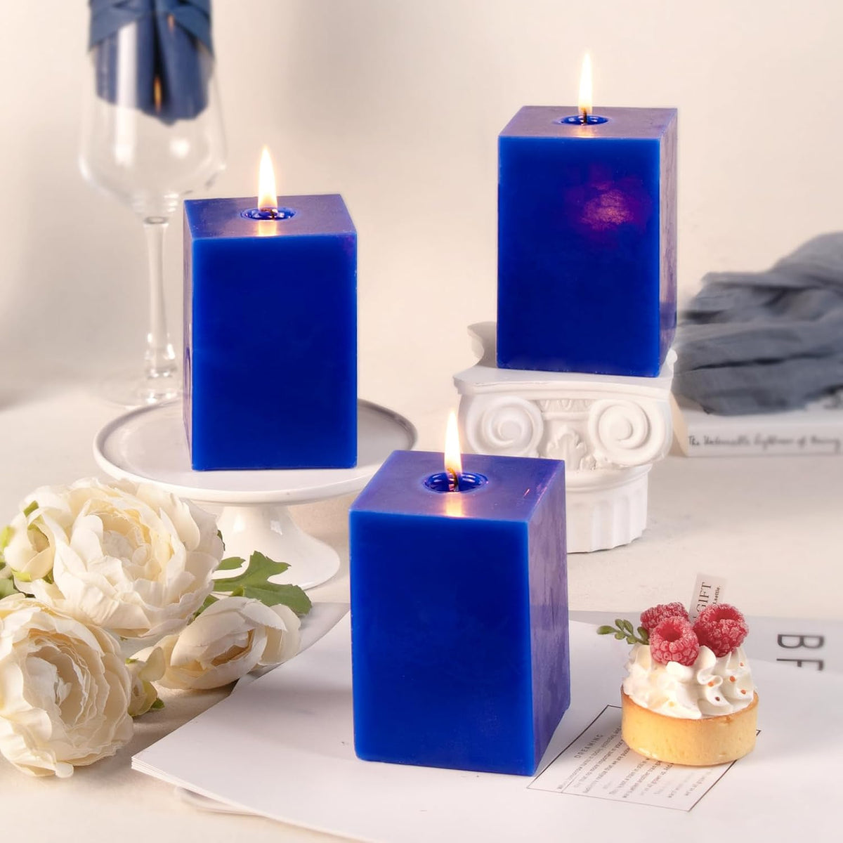 KONNI Pillar Candles Set of 3,2.8"X 4" Classic Blue Unscented Pillar