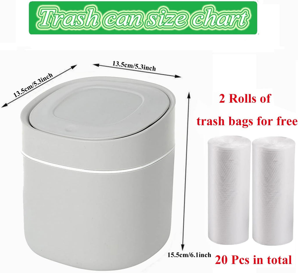 LTWQLing Plastic Mini Trash Can with Lid - 2 L Pop Up Wastebasket for Bathroom Vanity, Desktop, Tabletop or Coffee Table - Dispose of Cotton Rounds, Makeup Sponges, Tissues (Grey)