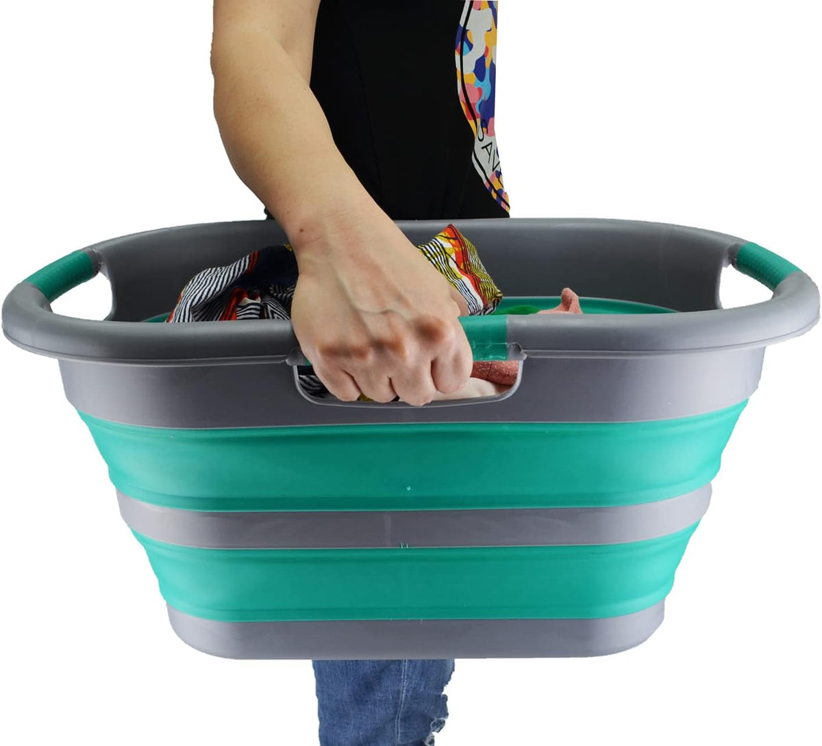 SAMMART 30L (7.9 gallon) Collapsible Plastic Laundry Basket - Foldable Pop Up Storage Container/Organizer - Portable Washing Tub - Space Saving Hamper/Basket (1, Dark Grey/Bluish-Green)
