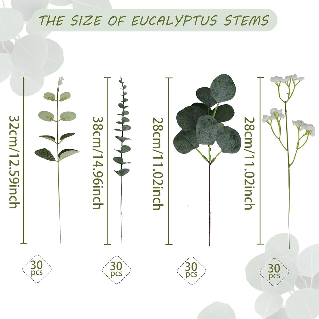 Coreland 120 Pcs 4 Kinds Mixed Eucalyptus Leaves Stems Bulk Artificial Silver Dollar Leaves Picks Dried Eucalyptus Bundle Faux Spray for Wedding Vase Bouquet Floral Arrangement