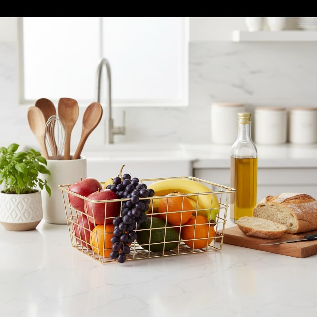 4pcs Wire Kitchen Storage Basket, Farmhouse Pantry Storage Basket Organizer Bins for Shelf, Countertop, Refrigerator, Freezer, Cabinet (Gold)