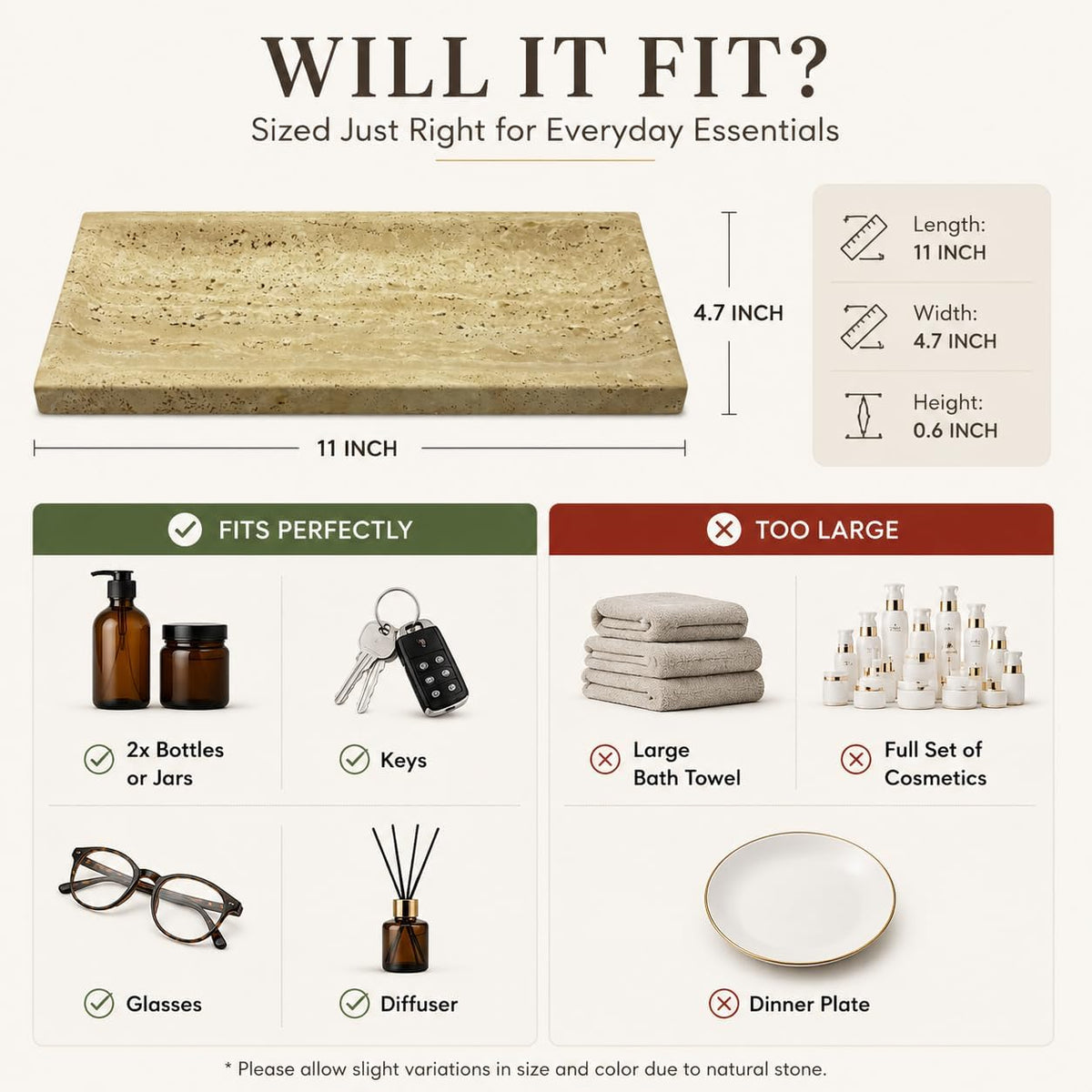 Stone Travertine Tray for Vanity Countertop, Small Beige Marble Tray