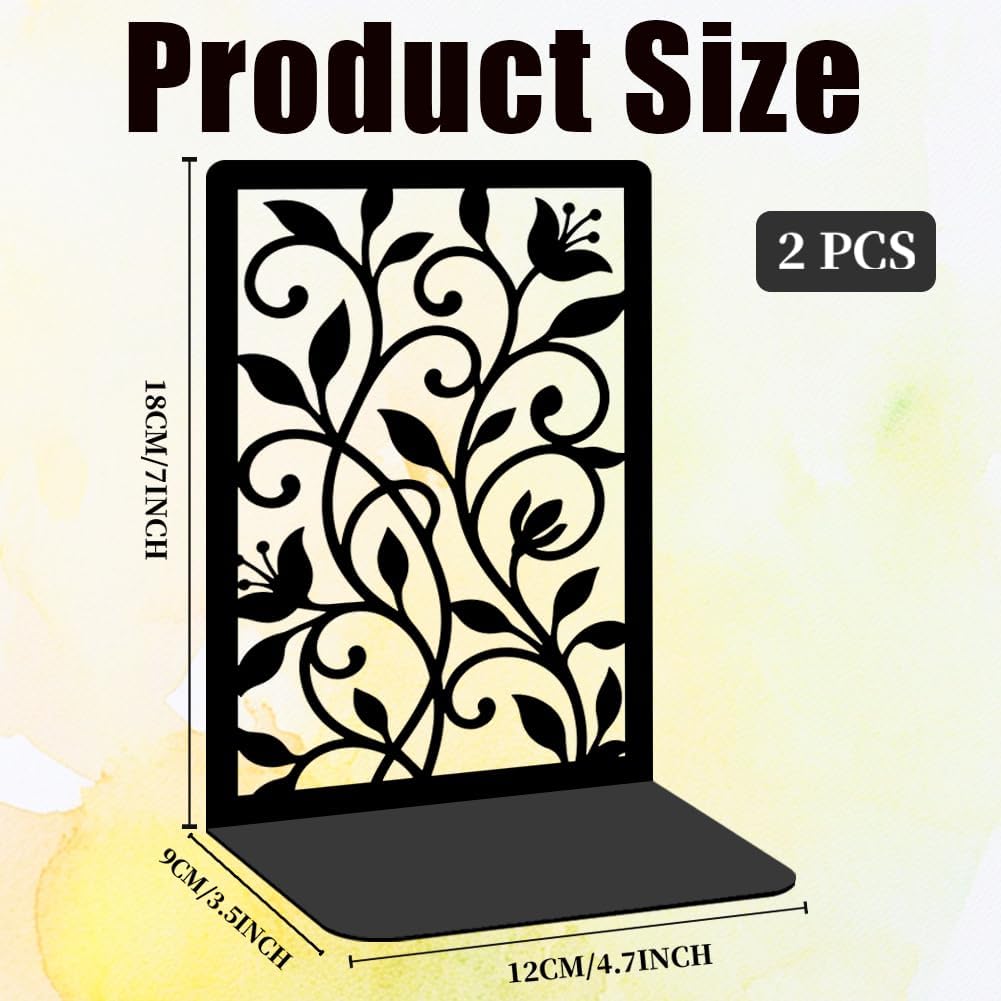 Flower Vine Twining Iron Metal Bookends for Shelves Elegant Book Ends Decorative Books, Desk Organizer Bookend for Book Display, Non-Slip Bookend for Library Office Home Decor