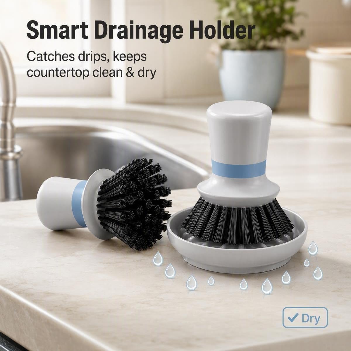 2-Pack Dish Scrub Brush with Holder Set, Non-Scratch Palm Scrub Brush for Kitchen, Nylon Bristle Pot Scrubber for Dishes, Pans & Sink with Ergonomic TPR Grip, Gray