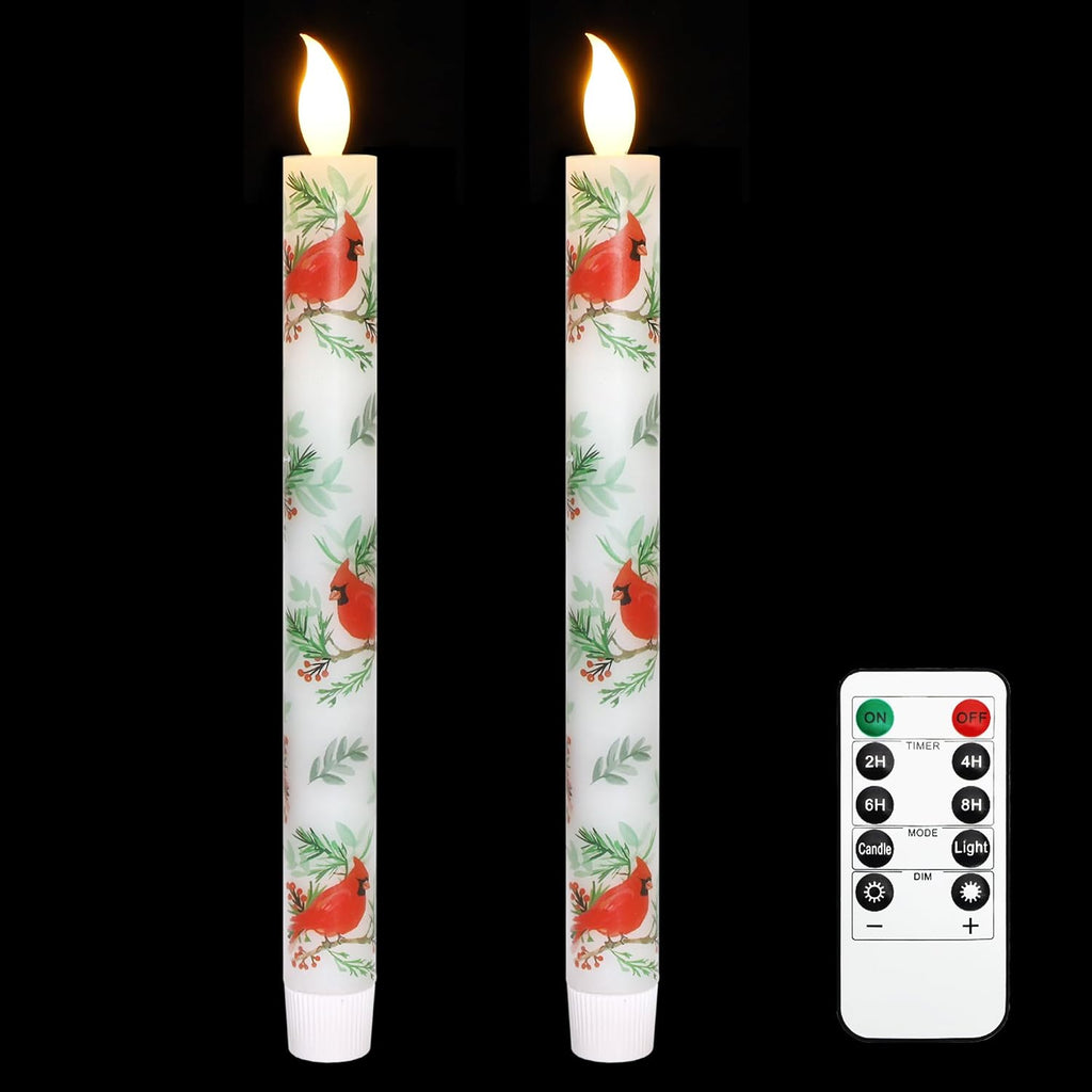 MELTONE Cardinal Bird Flameless Taper Candles with Remote - Red Bird Theme LED Taper Candles for Home Xmas Holiday Party Christmas Decoration - 2PCS 9.5INCH