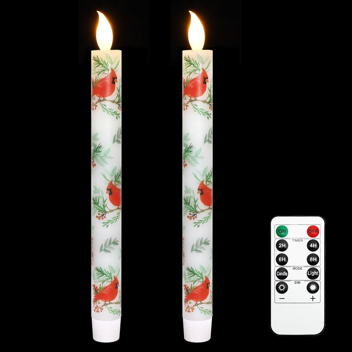 MELTONE Cardinal Bird Flameless Taper Candles with Remote - Red Bird Theme LED Taper Candles for Home Xmas Holiday Party Christmas Decoration - 2PCS 9.5INCH