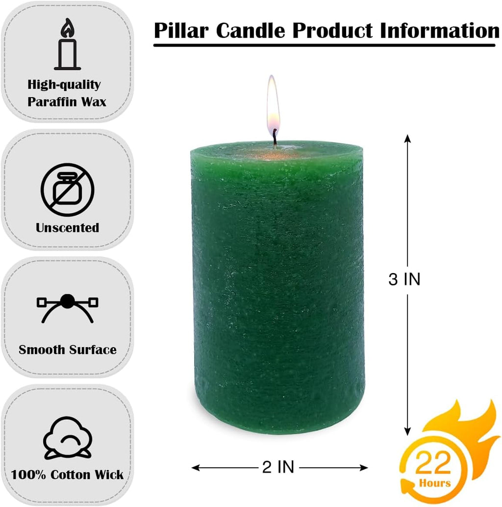 MISSYO 12 Pack 2x3 Inch Green Rustic Pillar Candles, 24 Hours Unscented Column Candles, Dripless and Smokeless Candles for Christmas Home Decor, Wedding, Spell, Parties and Emergency
