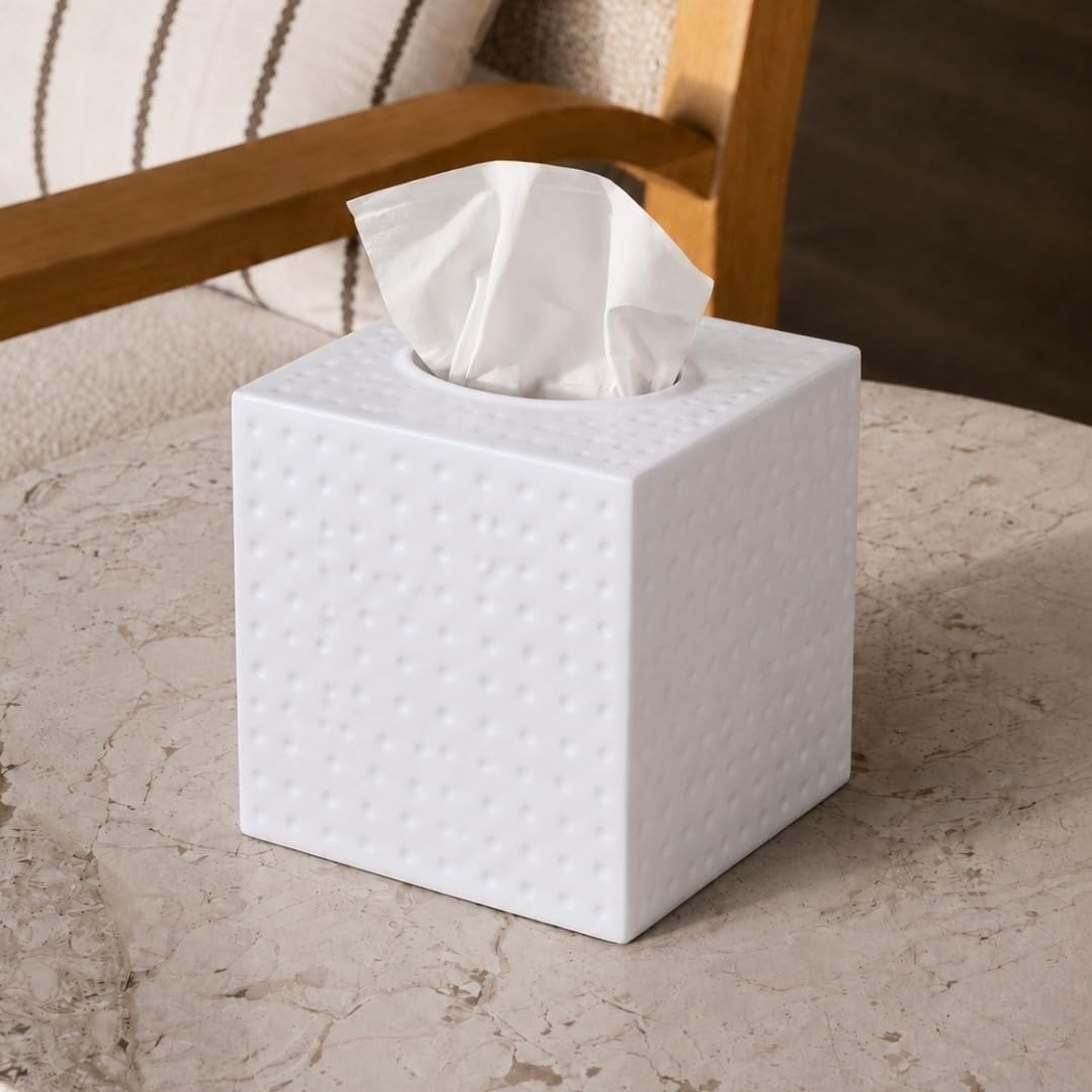 Monarch Abode Tissue Box Cover Square – Hand Hammered White Metal Tissue Holder Box for Bathroom Accessory, Aesthetic Decorative Facial Napkin Cube for Modern Home Decor