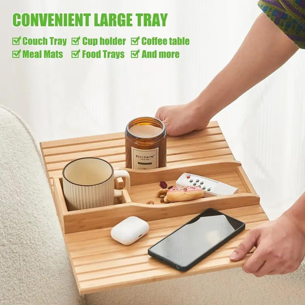 Bamboo Sofa Armrest Tray Table - Foldable Couch Cup Holder,Anti-Slip Side Table Armrest Clip Tray, Multifunctional Couch Organizer, Drink Snack Remote Control Holder
