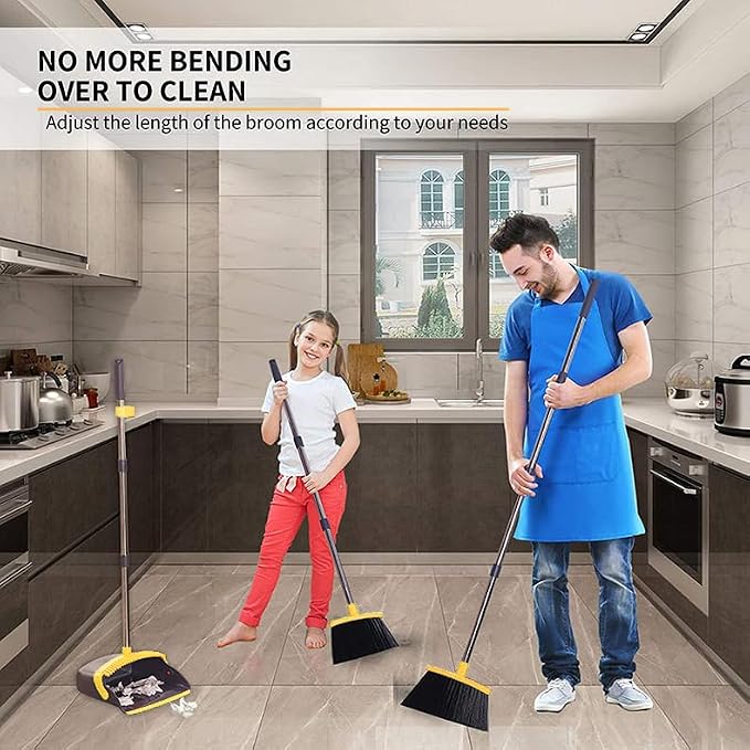 2 Pack is More economical,Brooms with Dustpan Combo Set， with 52" Long Handle, Dustpan Teeth with self-Cleaning Function, Indoor and Outdoor Sweeping, Perfect for Home Office (Large/Yellow/ 2-Pack)