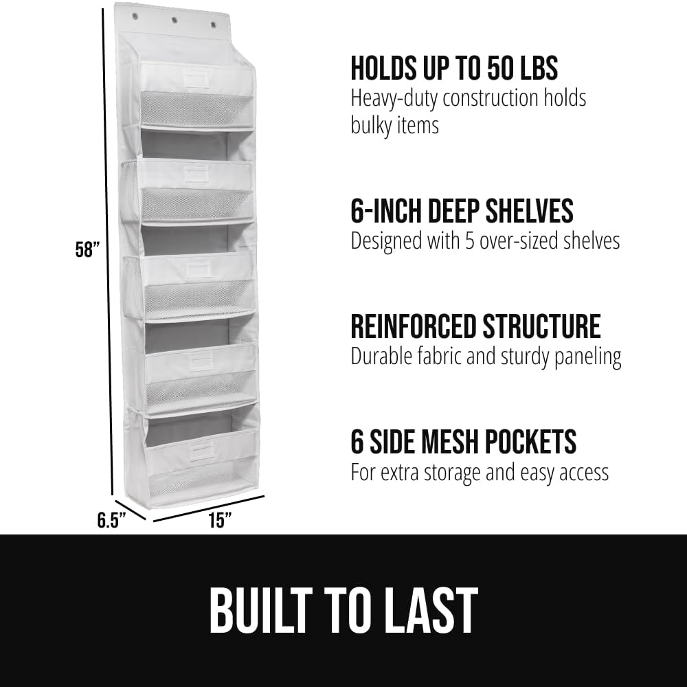 GORILLA GRIP Over The Door Organizer Storage, 5 Deep Hanging Shelves, Holds 50lbs, Closet Organizers Shelf for Bedroom, Shoes, Bathroom, Nursery, Dorm Essentials, 3 Metal Hooks, 58x15 Inches, White