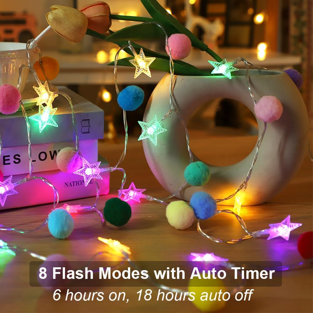 ChiRee Colroful Star Lights with Pom Poms