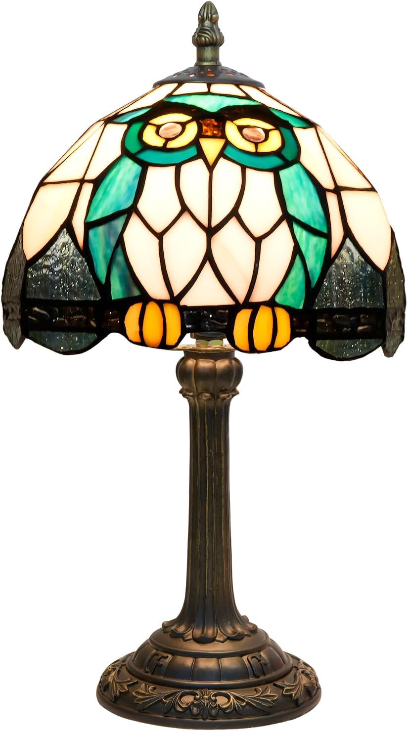 Tiffany Owl Animal Stained Glass Table Lamp Handmade Bedside Table Night Unique Cute Accent Nightstand Light Antique Art Craft Gifts Lamp for Home Office Dormitory Bar Decorate
