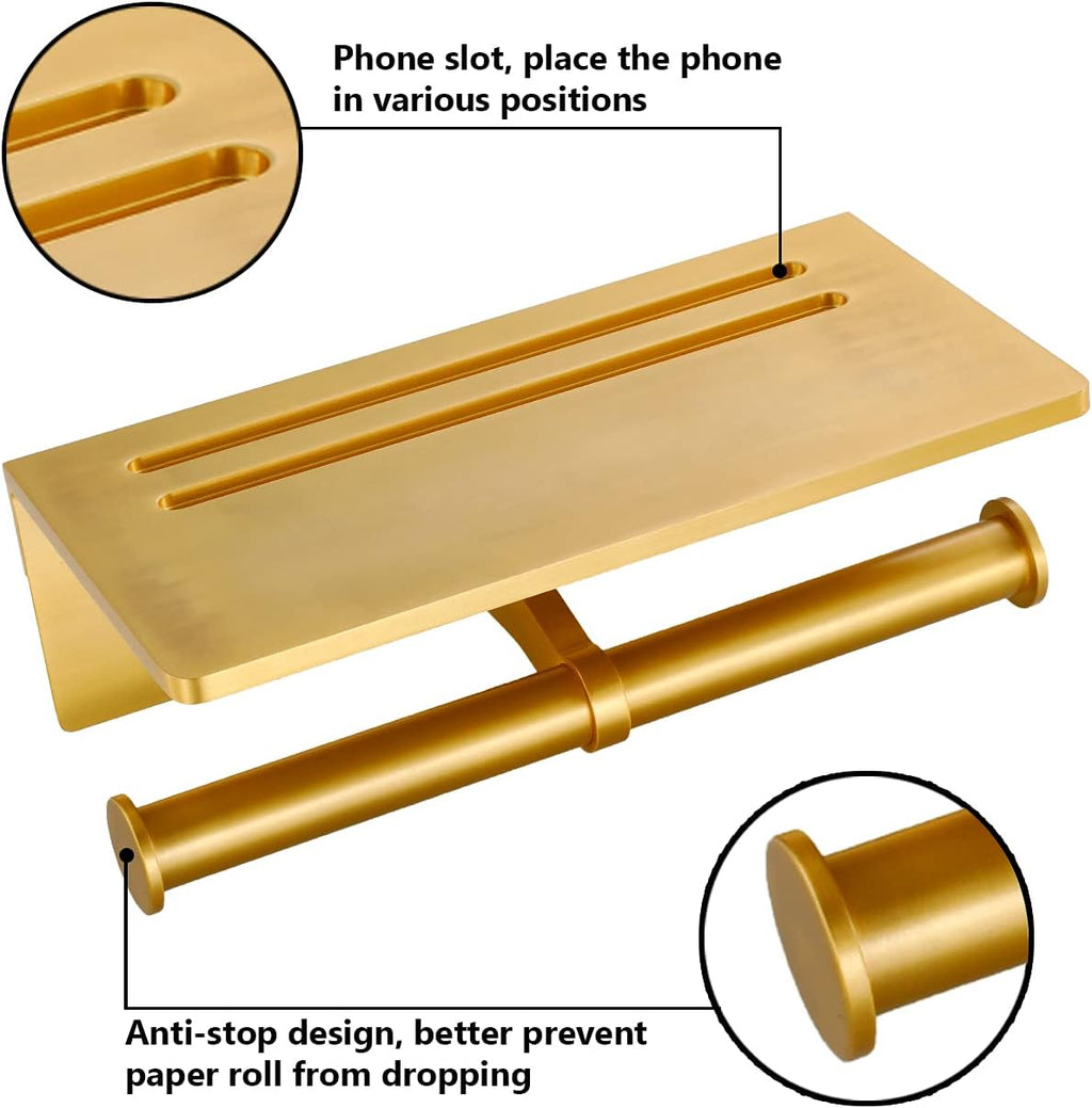 Toilet Paper Holder with Phone Shelf - Aluminum Double Roll Tissue Holder