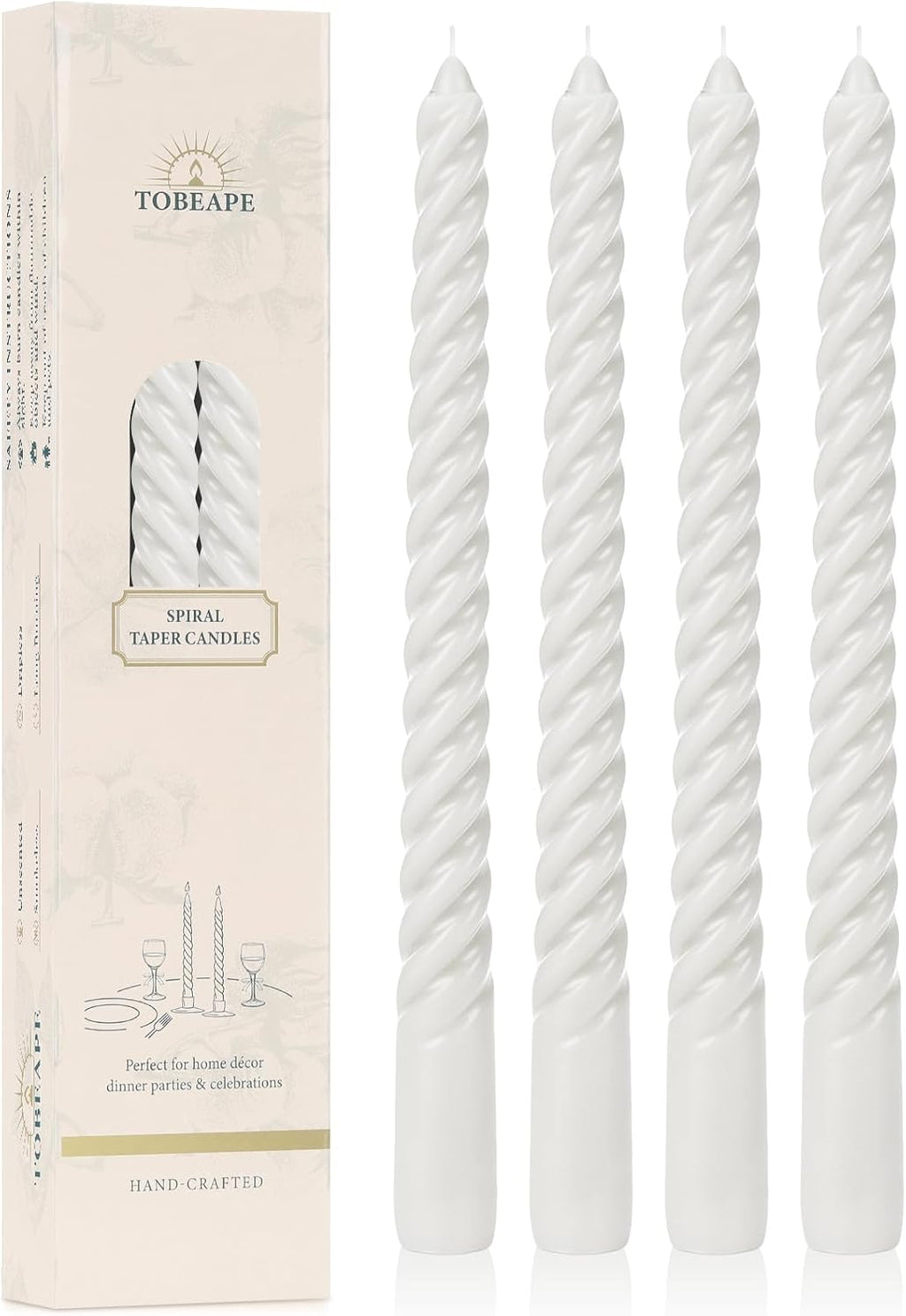 Tobeape 10" White Spiral Taper Candle Sticks 4 Pack, Unscented & Dripless