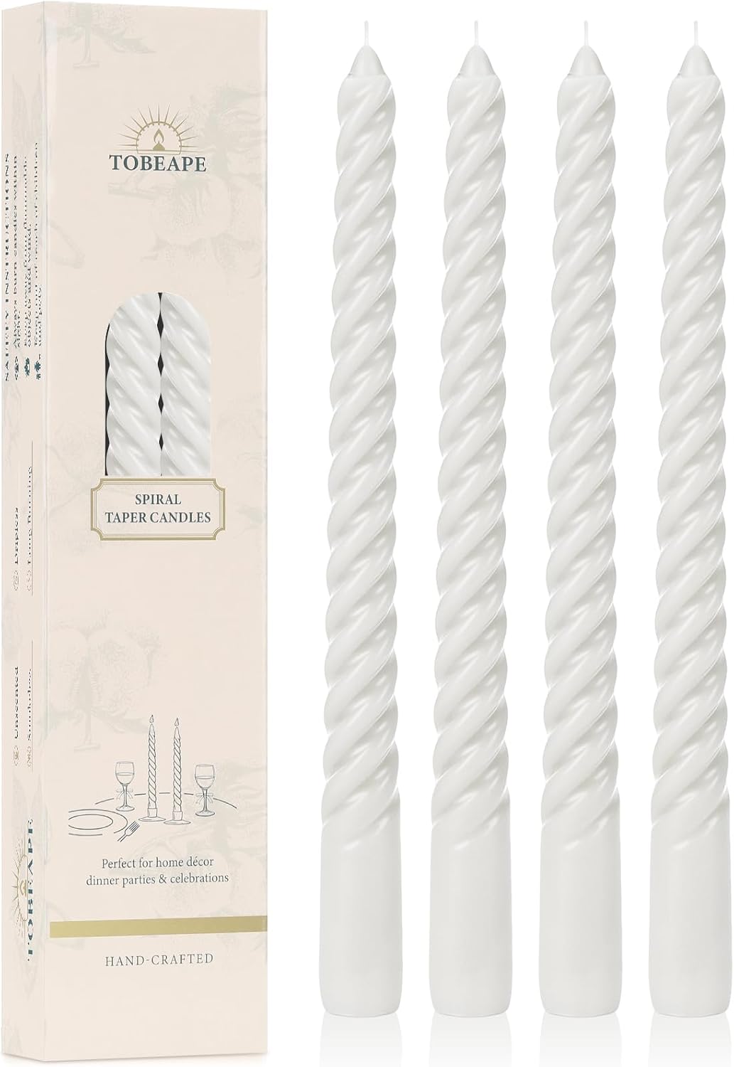 Tobeape 10" White Spiral Taper Candle Sticks 4 Pack, Unscented & Dripless