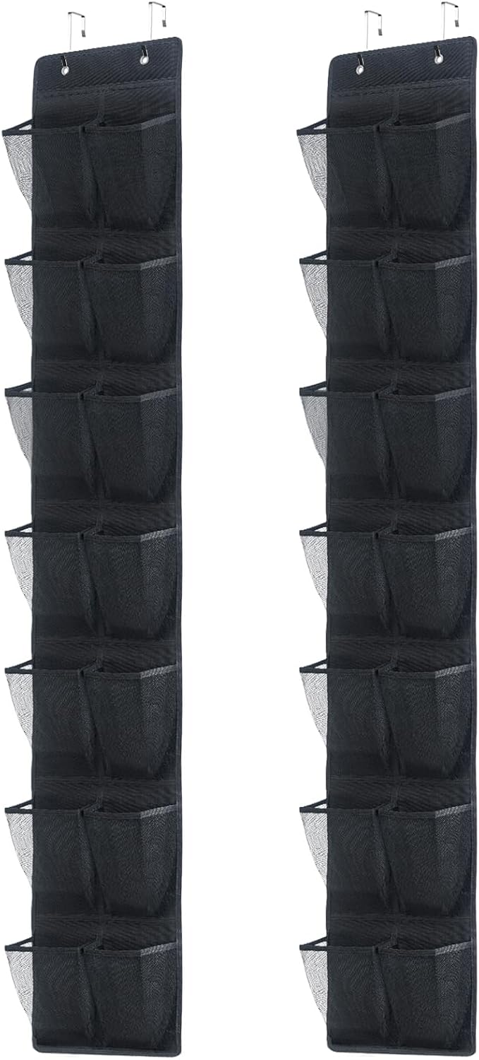 PVWSG Over The Door Shoe Organizer, 14 Large Mesh Pockets Hanging Shoe Rack for Closet Organizers and Storage, 2-pack (black)