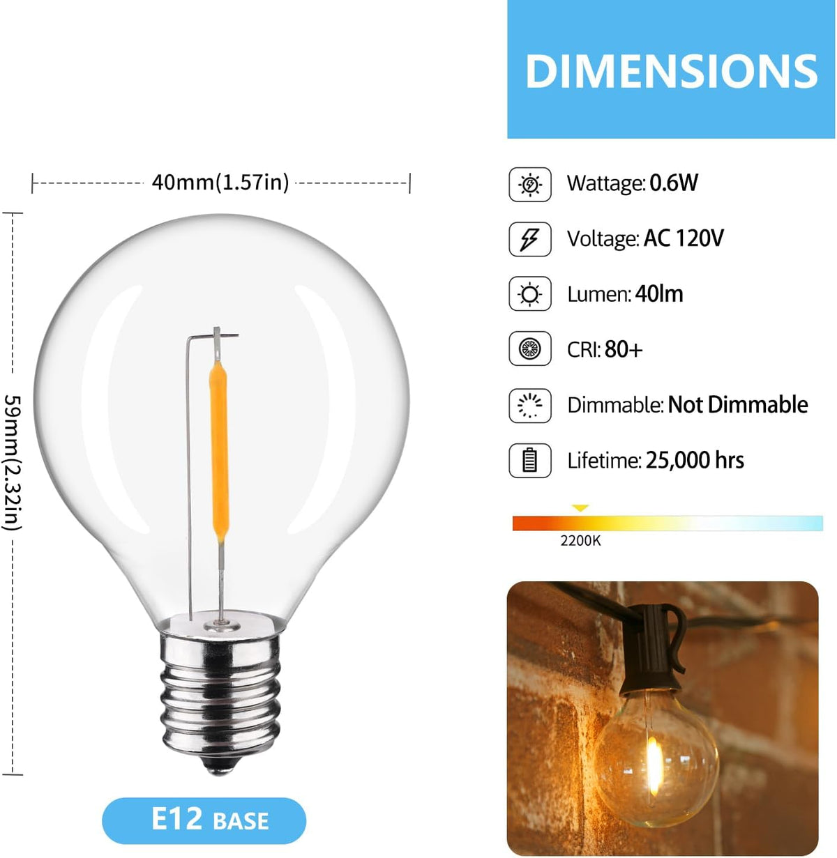 25-Pack G40 LED Replacement Light Bulbs, E12 Screw Base Shatterproof Globe Bulbs for Outdoor String Lights, 0.6Watt Equvalent to 5 Watt Incandescent Bulbs, Warm White 2200K