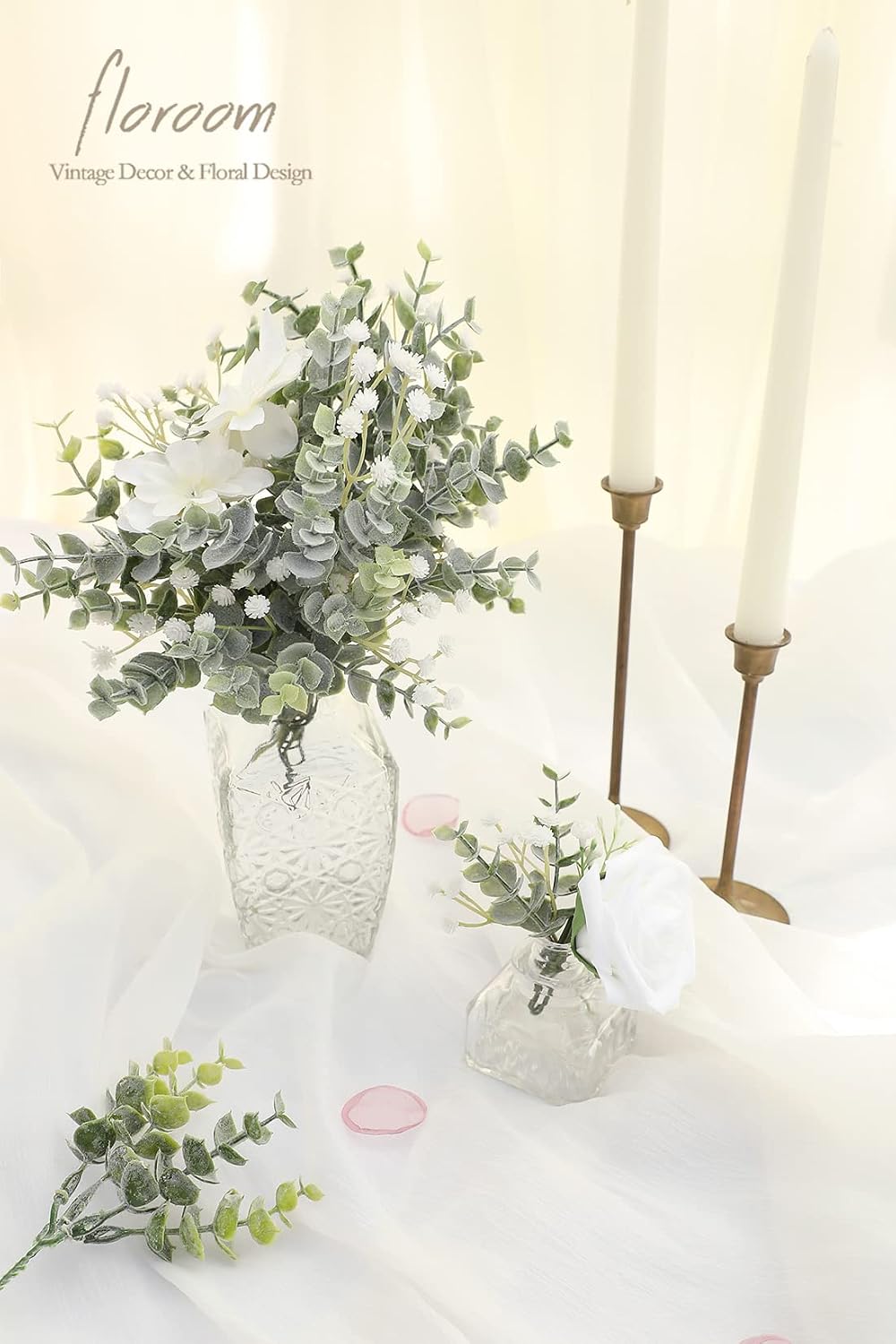 Floroom Artificial Flocked Eucalyptus Stems Faux Greenery Spray, 18pcs Best Filler Fake Plants for DIY Wedding Bouquet Centerpieces Arrangement