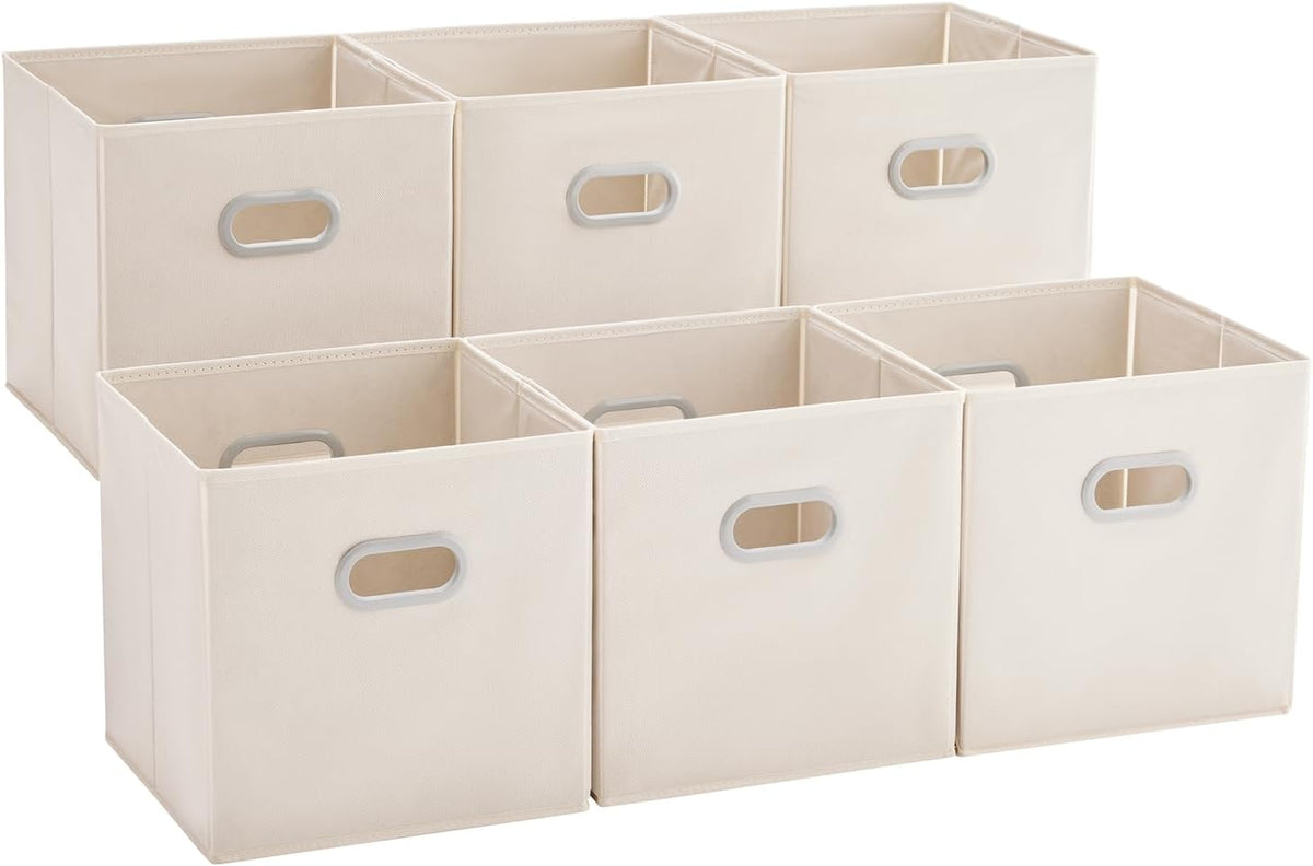 MAX Houser 6 Pack Foldable Fabric Storage Bins with Handles, Beige 12 inch