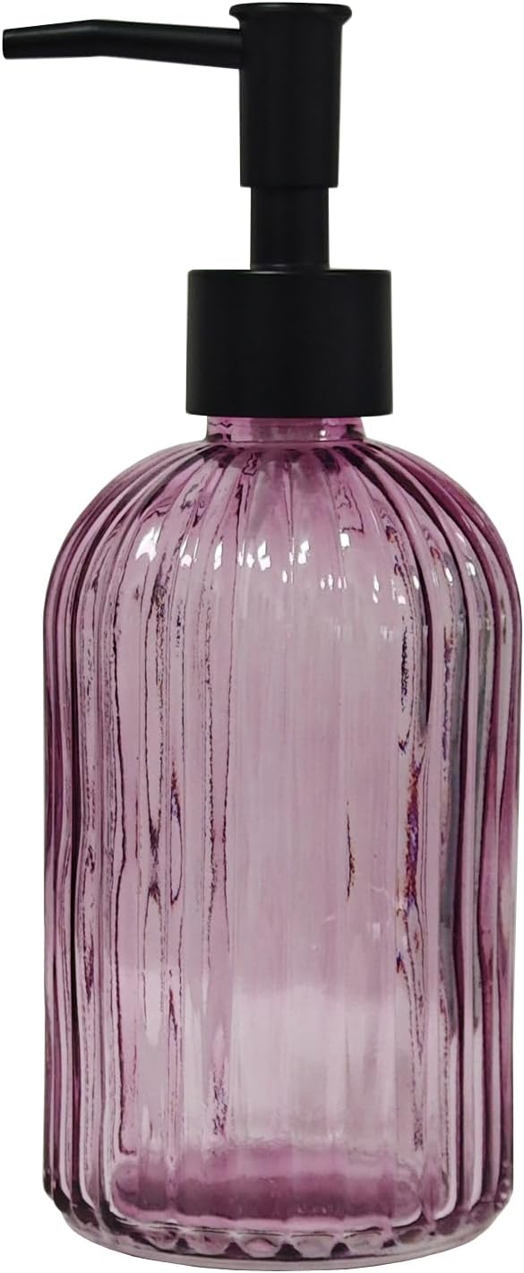 Black Pump Glass Soap Dispenser, 13.5oz, Purple Stripe