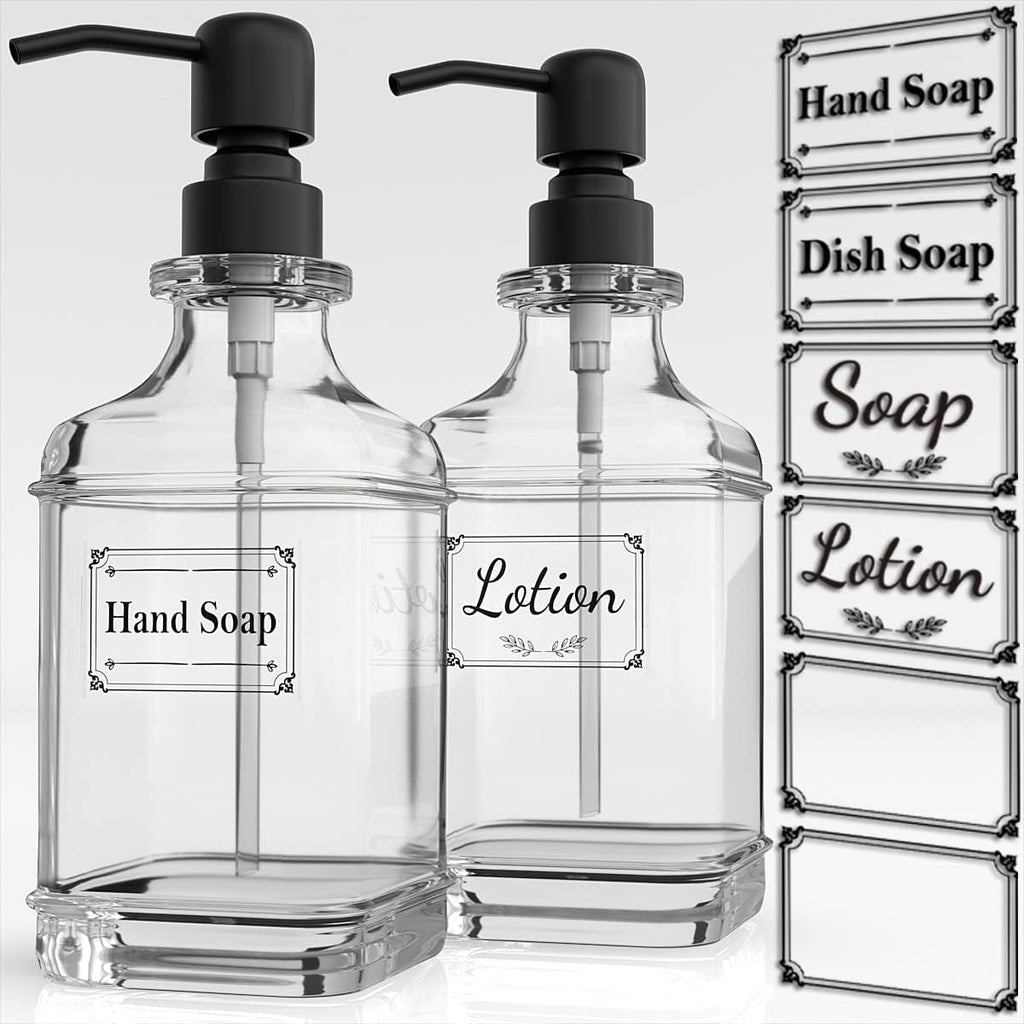 GLADPURE 2 Pack Soap Dispenser, 18 Oz Antique Design Thick Glass Hand Dispensers; with 304 Rust Proof Stainless Steel Pump, 6Pcs Clear Stickers, for Kitchen, Bathroom- Black