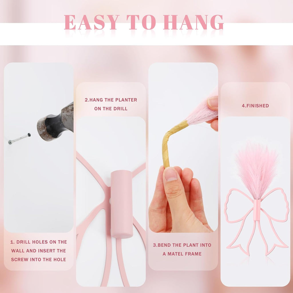 Weysat 2 Pcs Pink Bow Wall Decor Metal Art with Pampas Coquette Wall Decor