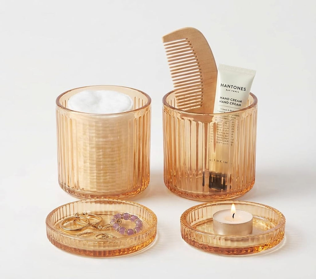 SheeChung 2 Pack Glass Qtip Holder Dispenser, Amber Apothecary Jars