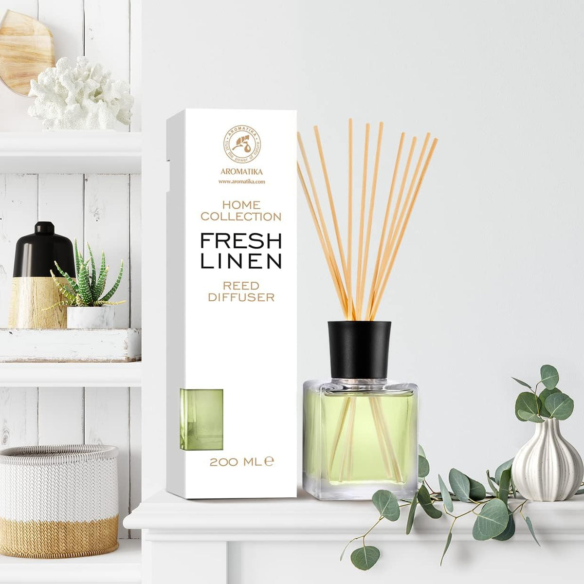Reed Diffuser Fresh Linen 6.8 Fl Oz - Scented Reed Diffuser - Gift Set with Bamboo Sticks - Best for Aromatherapy - SPA - Home - Office - Fitness Club