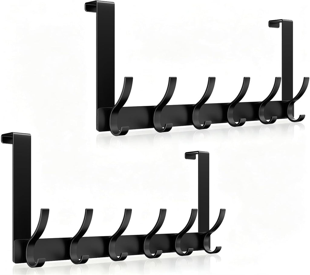 Optish Over The Door Hooks, Door Hanger Hooks for Hanging, Over The Doors Towel Racks for Bathroom with 12 Coat Hook, Coat Rack Bathroom Accessories（2 Pack, Black）