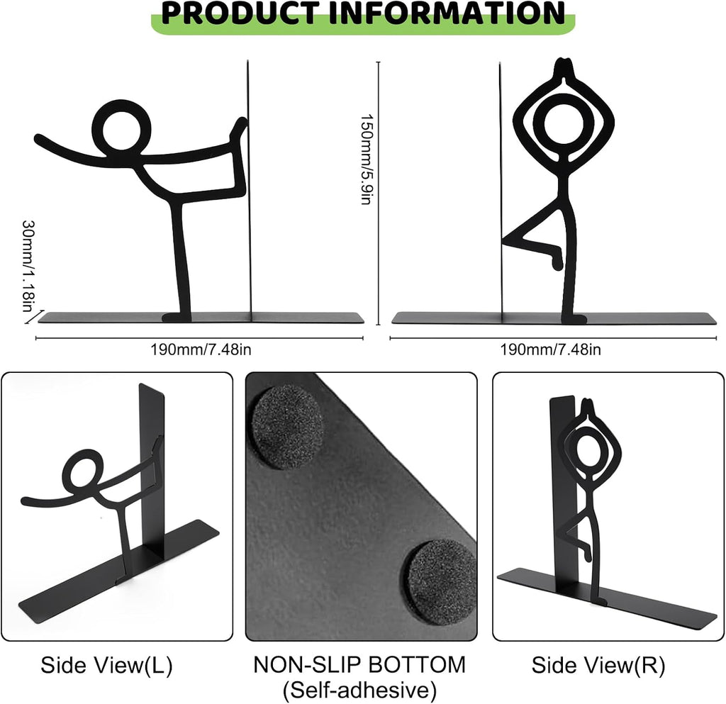 Metal Bookends People Book-end, Decorative Cute Book Ends for Shelves in Home Office Desk, Bookshelf Decor & Gift, Stable Storage (Yoga Dancer Black)
