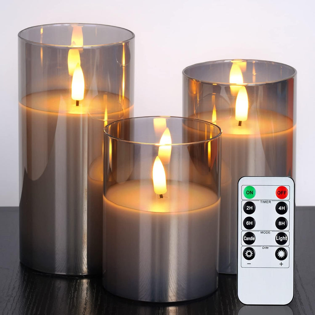 Amagic Gray Glass Flameless LED Candles Battery Operated with Remote Timer