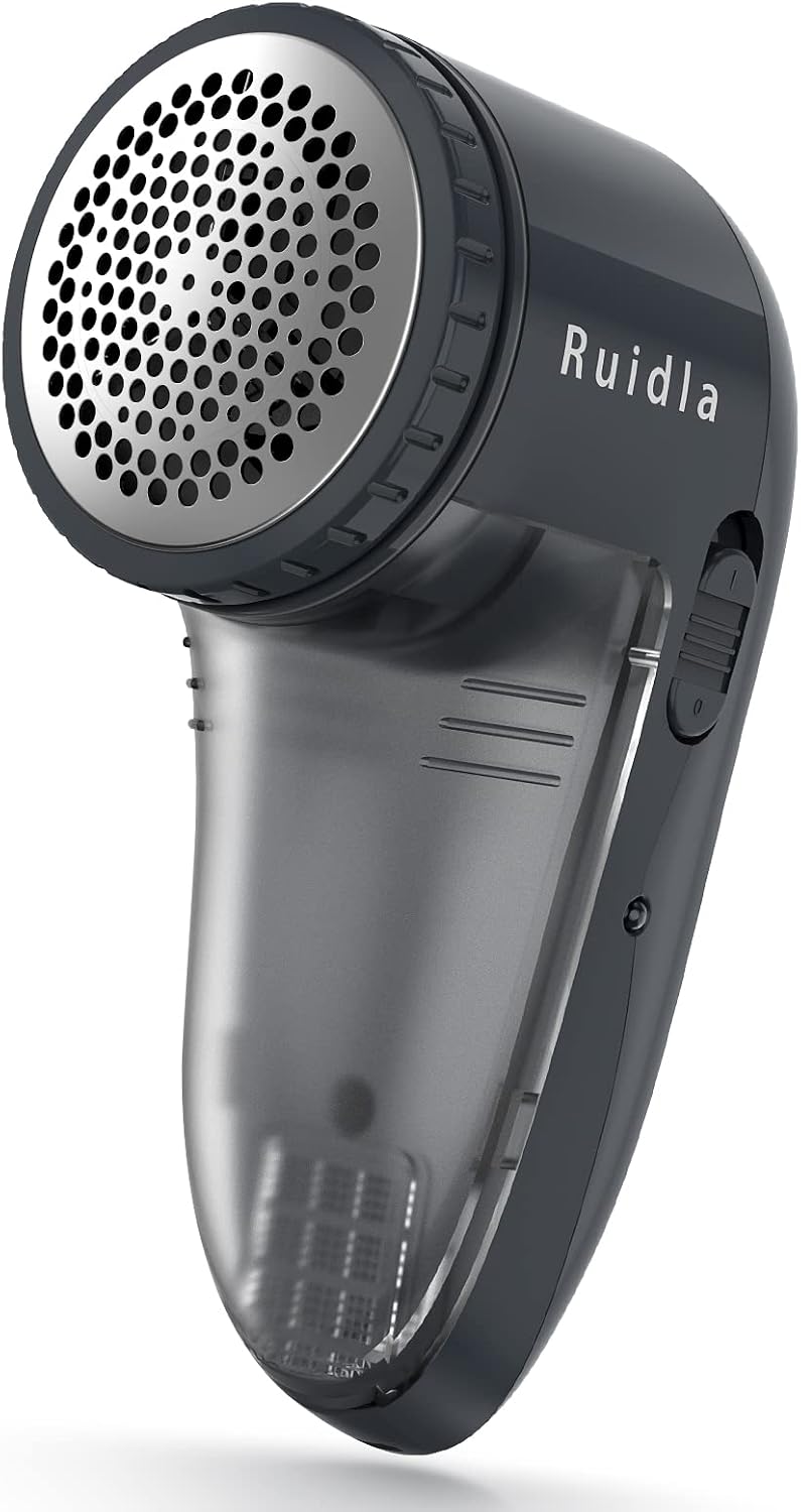 Ruidla Fabric Shaver Defuzzer, Electric Lint Remover, Rechargeable Sweater Shaver with Stainless Steel 3-Leaf Blades, Dual Protection, Removable Bin, Easy Remove Fuzz, Lint, Pills, Bobbles