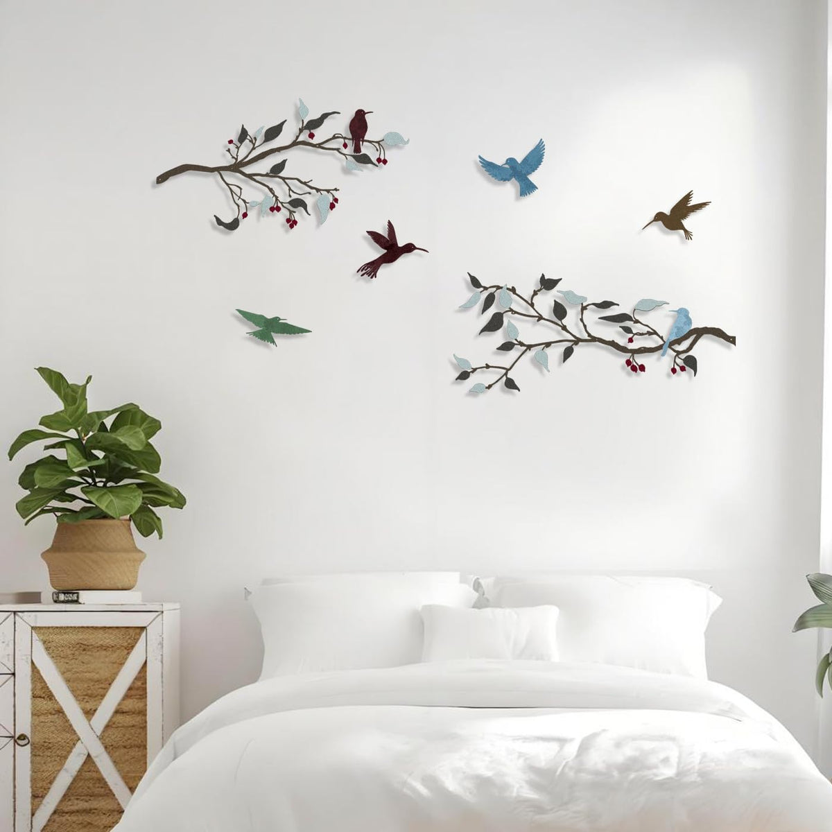 4PCS Metal Birds Wall Decor, Birds on the Branch Silhouette Art, Metal Leaves with Hummingbirds Outdoor Art Hanging Wall Sculpture for Home Office Balcony Garden Decor.（Colorful,Hummingbirds）