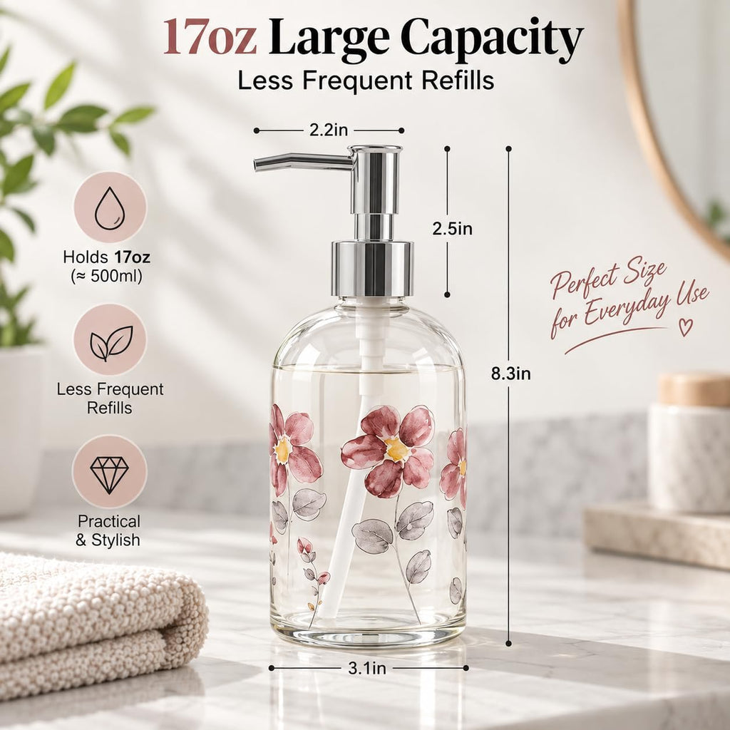 Topadorn 2 Pack 17oz Glass Soap Dispensers, Floral & Goldfinch Bird