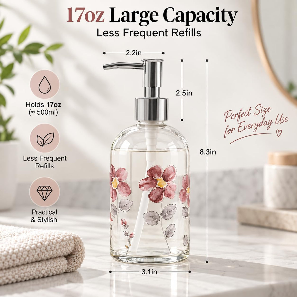 Topadorn 2 Pack 17oz Glass Soap Dispensers, Floral & Goldfinch Bird