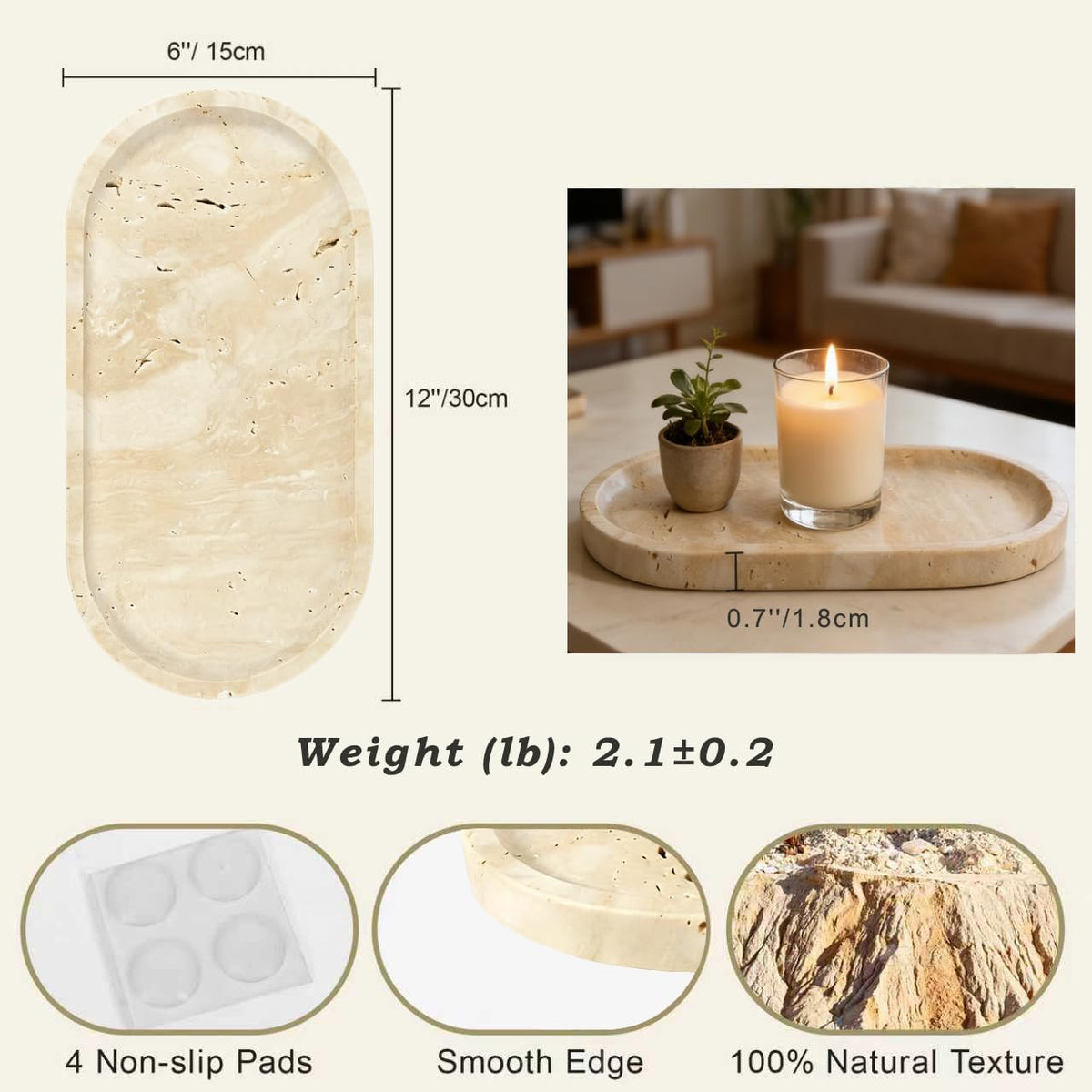 Natural Travertine Vanity Tray for Bathroom Countertop, 12" L x 6" W Light Beige Cream Decorative Tray with 4 Non-Slip Silicone Gaskets, Marble Tray for Jewelry, Perfume, Dresser Organizer