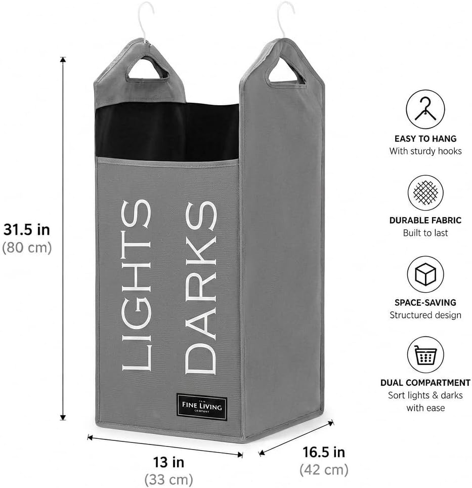 TFLC Hanging Laundry Hamper Bag With Hanger, Dual Compartment, Grey