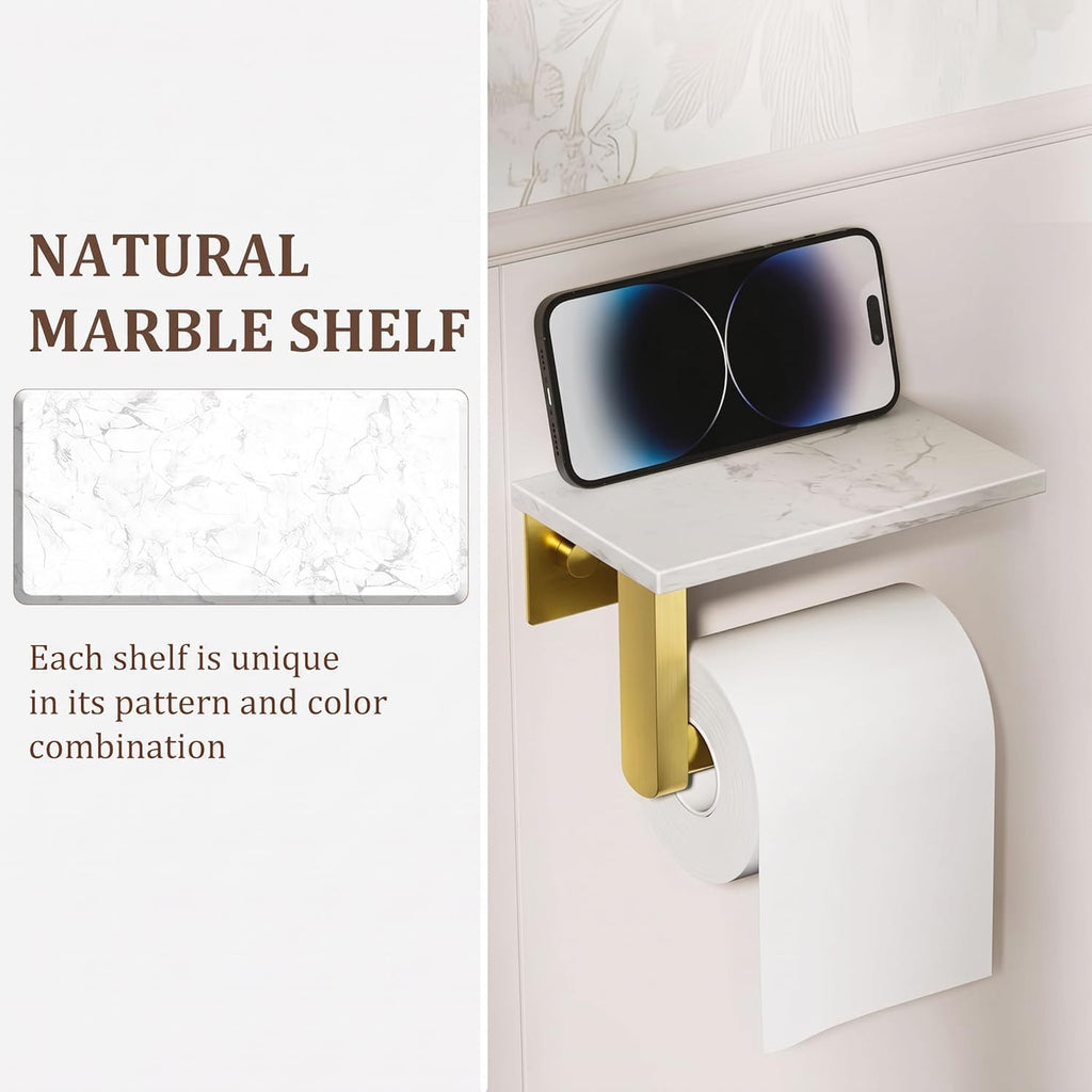 BWE Brushed Gold Toilet Paper Holder with Marble Shelf Wall Mounted