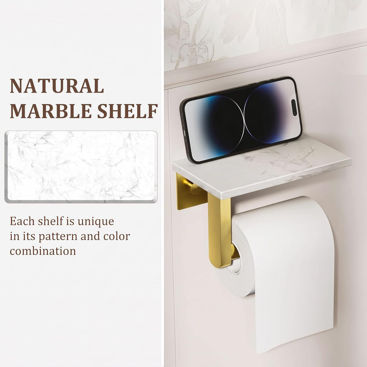 BWE Brushed Gold Toilet Paper Holder with Marble Shelf Wall Mounted