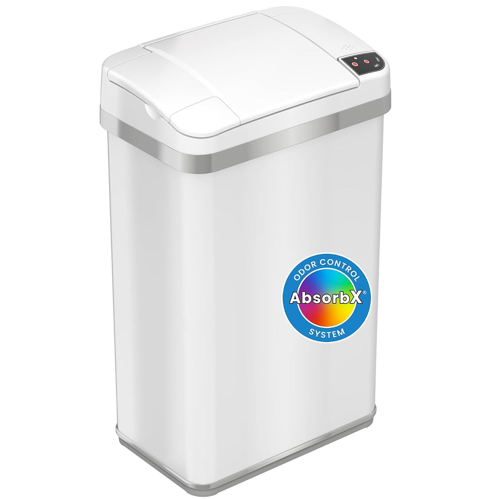 iTouchless 4 Gallon Bathroom Trash Can with Odor Control, Automatic Motion Sensor Bin, Soft-Close Stainless Steel, Slim Wastebasket for Narrow Spaces, White