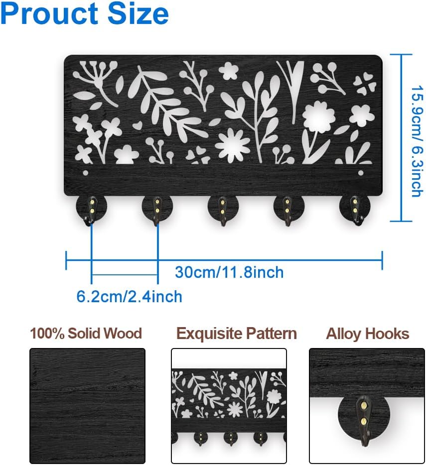 MAYJOYDIY Wood Wildflower Coat Hooks Nature Flower Key Holder 11.8×6.3inch Botanical Plant Key Hanger 5 Alloy Hooks Decoratice Key Hook for Gift Garden Living Room Office Entryway Hallway