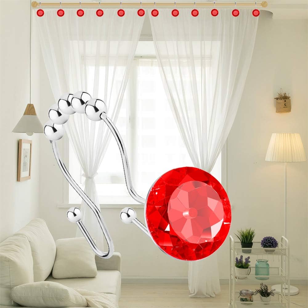 Shower Curtain Hooks Rings for Bathroom, 12PCS Double Hooks Glide Anti Rust Crystal Rhinestones Shower Curtain Rings Hangers for Shower Curtains, Clothing, Towels, etc. (Red)